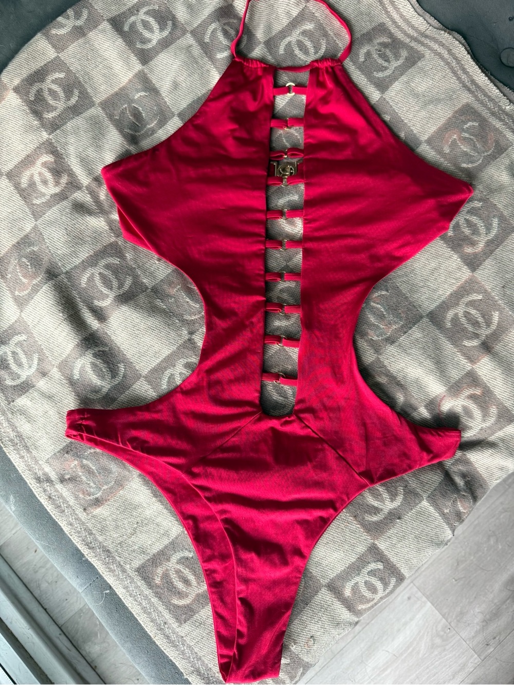 Beach Bunny Red Cutout One Piece Swimsuit Gold Hardware Size XL